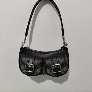 Coach Monogram & Leather Dual-Buckle Shoulder Bag